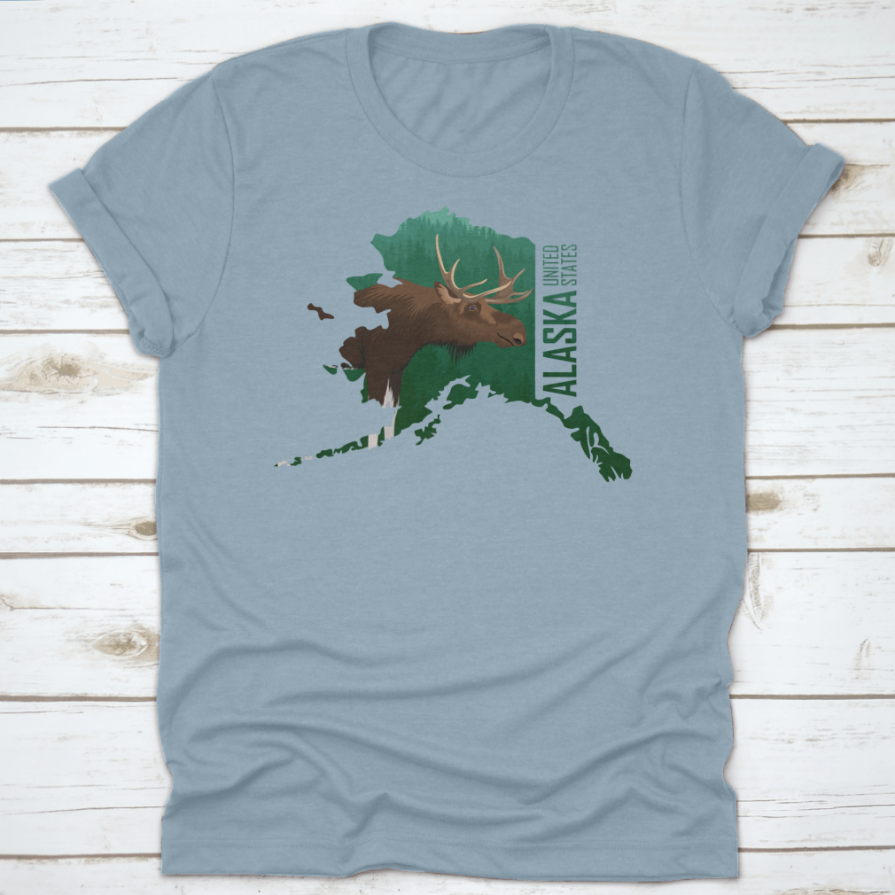 Vector illustration of a moose in a forest with an American state outline map background, showcasing wildlife and nature.