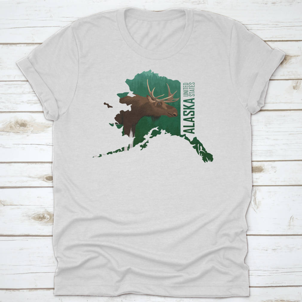 Vector illustration of a moose in a forest with an American state outline map background, showcasing wildlife and nature.