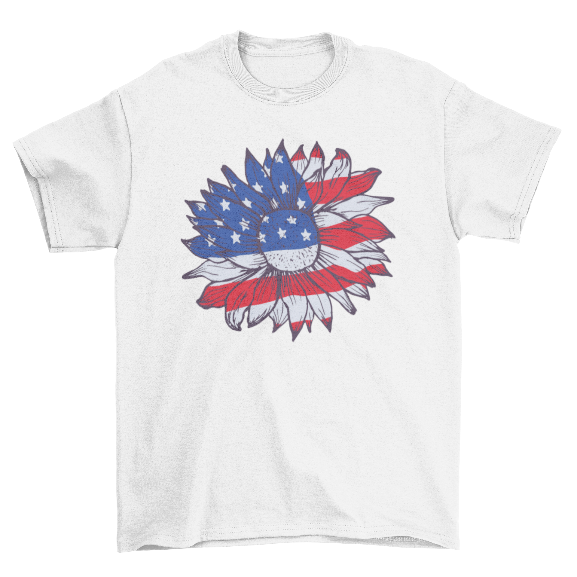 American Sunflower T-shirt featuring a sunflower design in red, white, and blue colors representing the American flag.