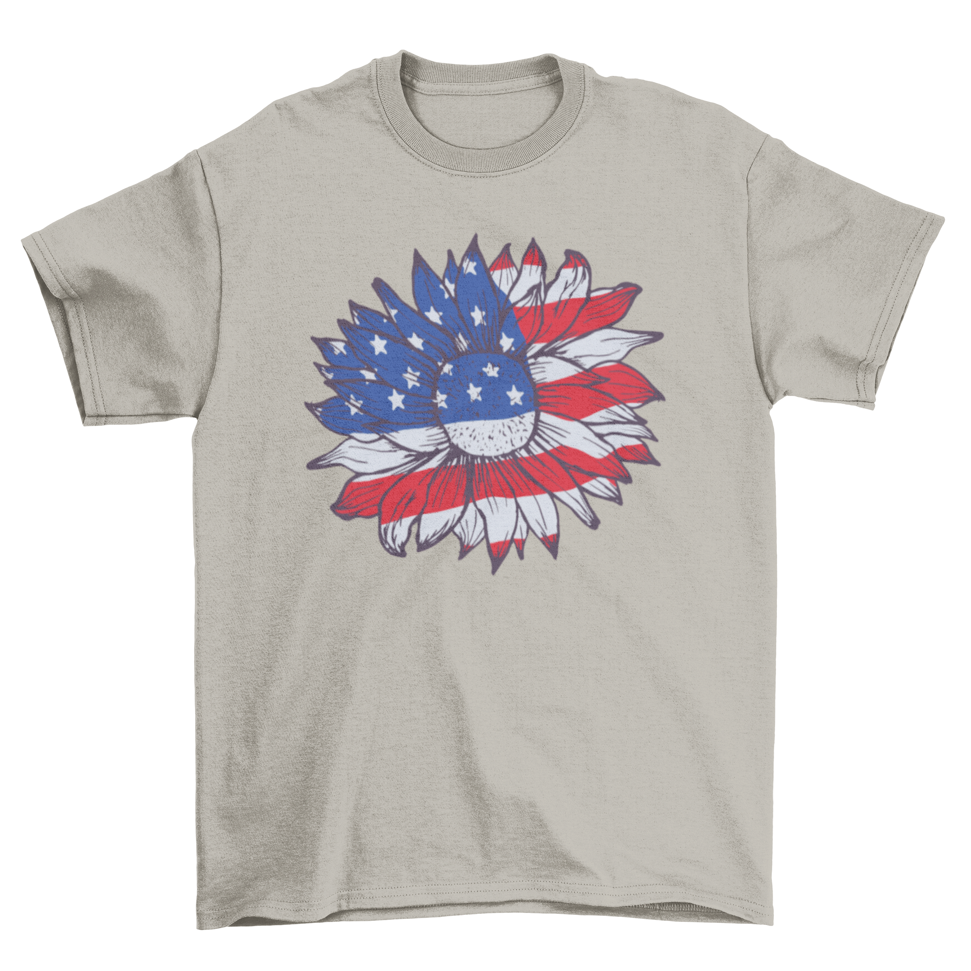 American Sunflower T-shirt featuring a sunflower design in red, white, and blue colors representing the American flag.
