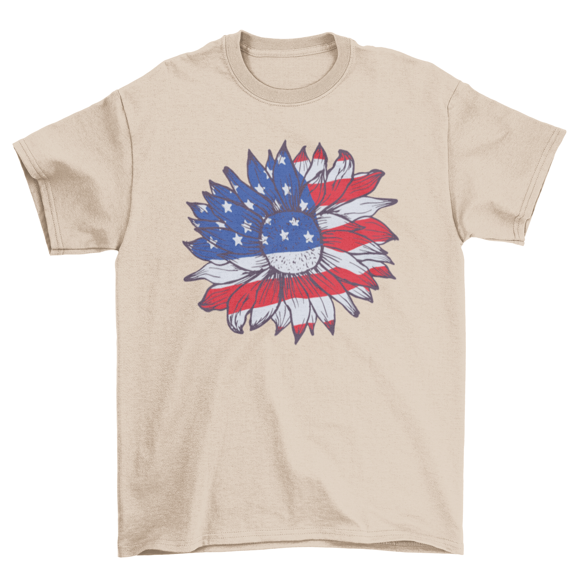 American Sunflower T-shirt featuring a sunflower design in red, white, and blue colors representing the American flag.