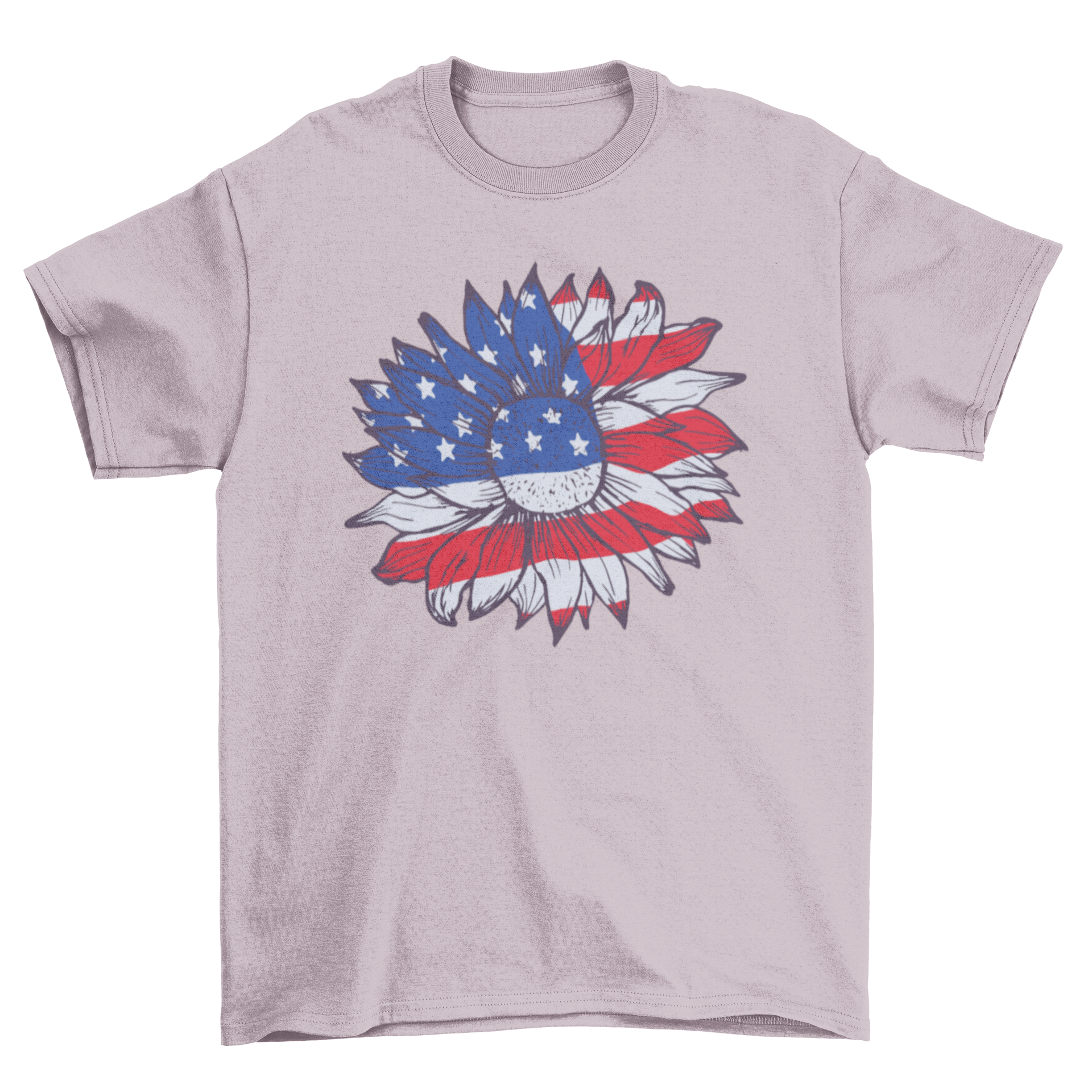 American Sunflower T-shirt featuring a sunflower design in red, white, and blue colors representing the American flag.