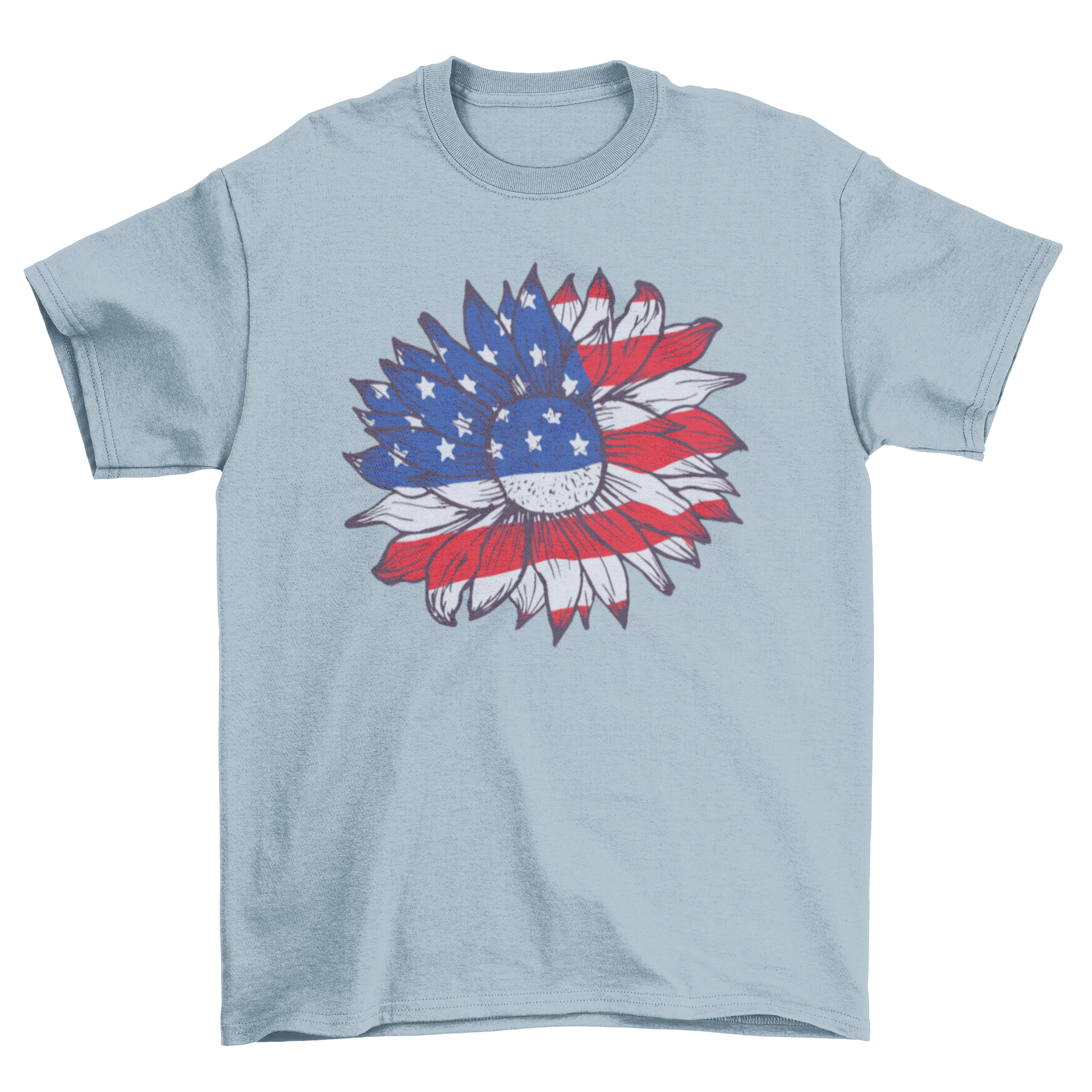 American Sunflower T-shirt featuring a sunflower design in red, white, and blue colors representing the American flag.