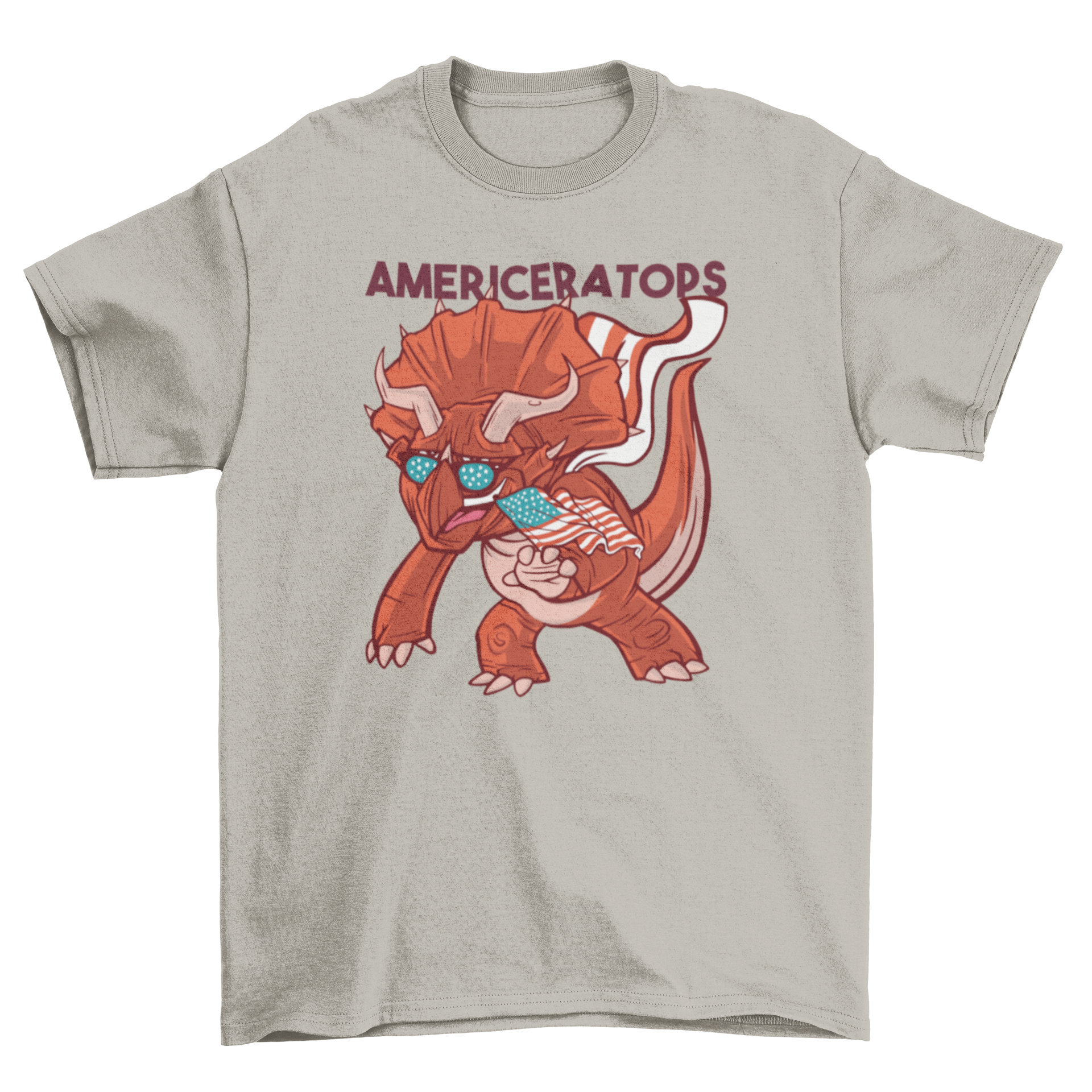 American Triceratops T-shirt featuring a red dinosaur with the USA flag and AMERICERATOPS text.