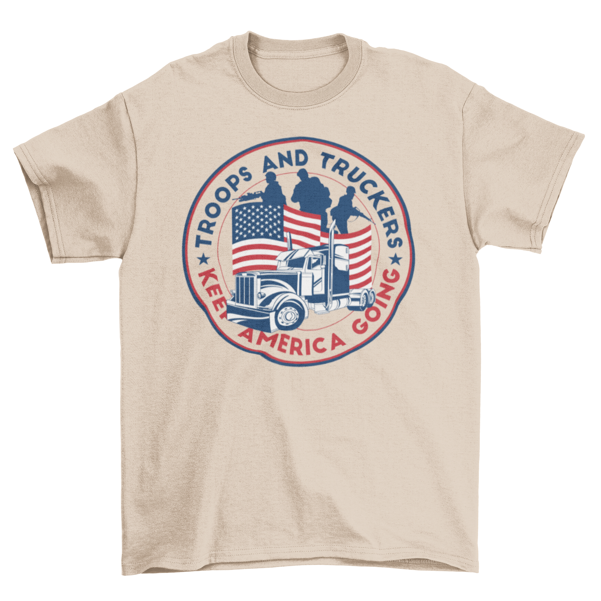 American Truckers T-shirt featuring a round seal design with a truck, USA flag, and soldier silhouettes.