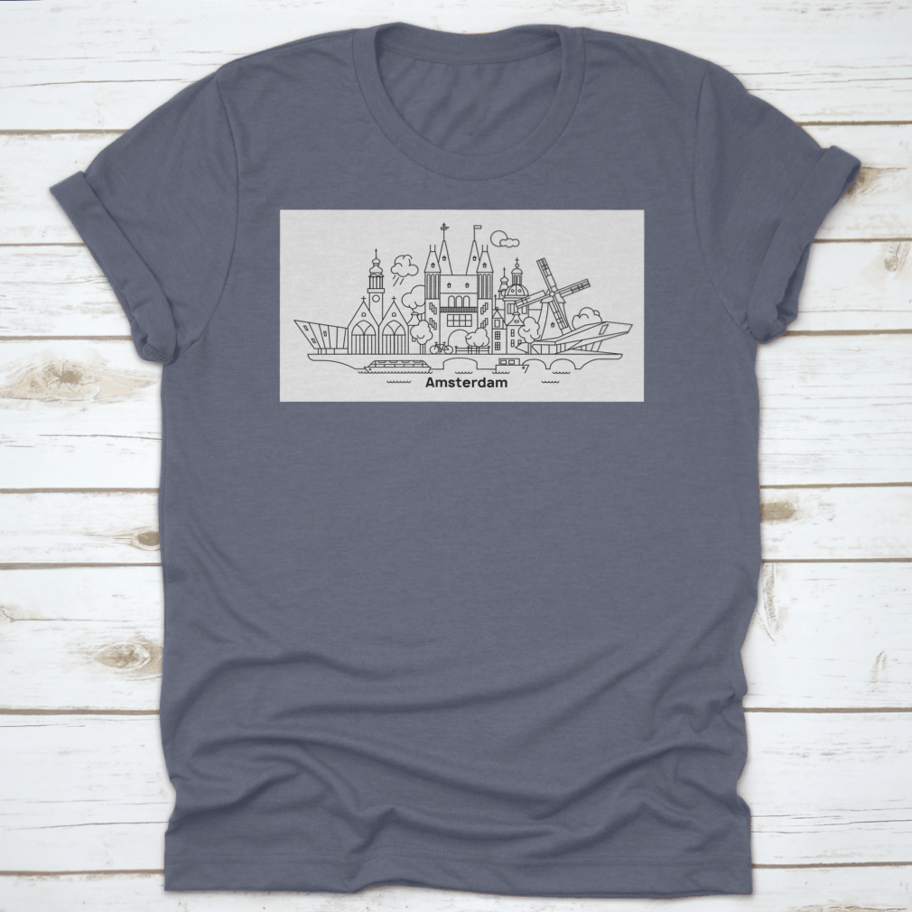 A stylish t-shirt featuring the minimal outline skyline of Amsterdam, showcasing its famous landmarks in a contemporary design.