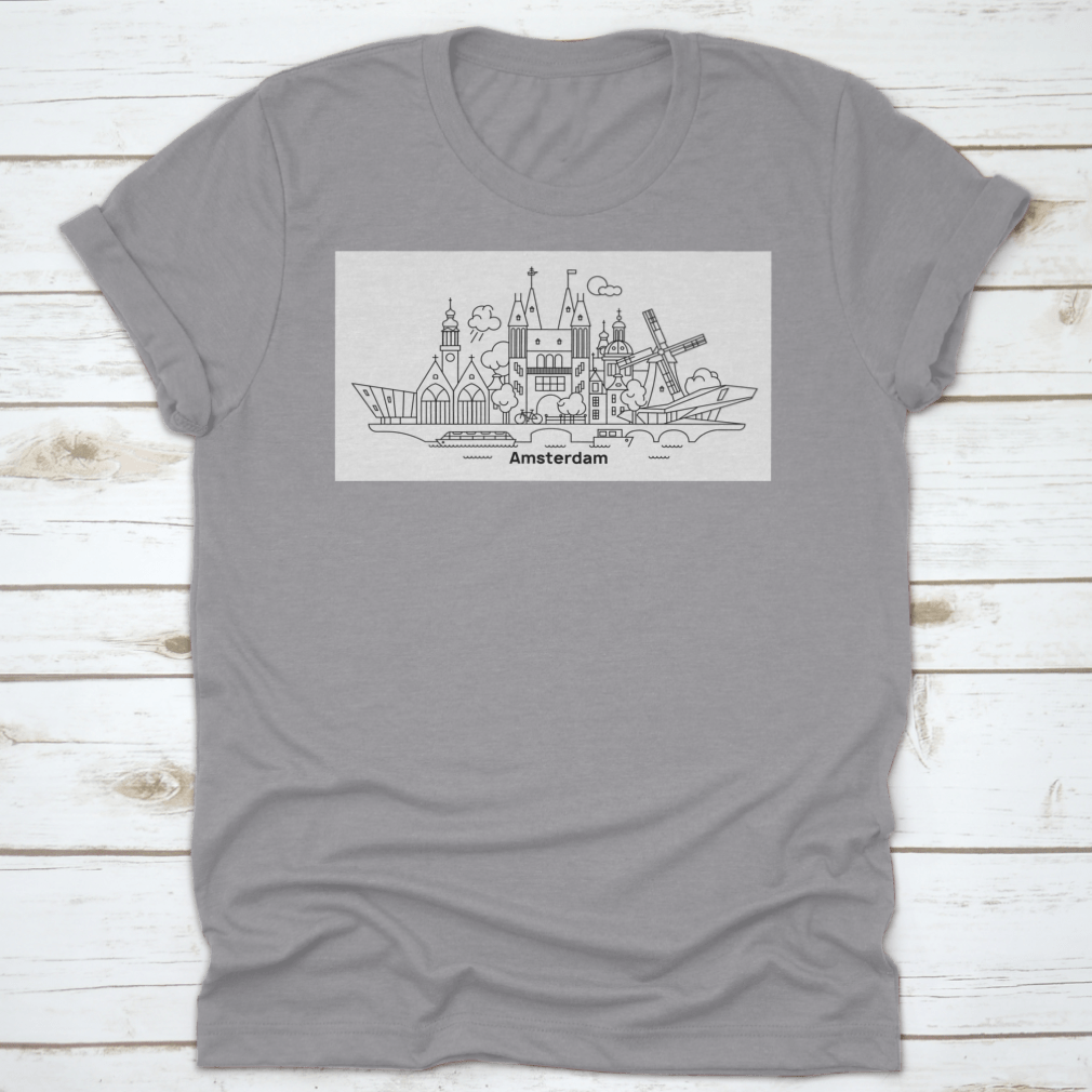 A stylish t-shirt featuring the minimal outline skyline of Amsterdam, showcasing its famous landmarks in a contemporary design.