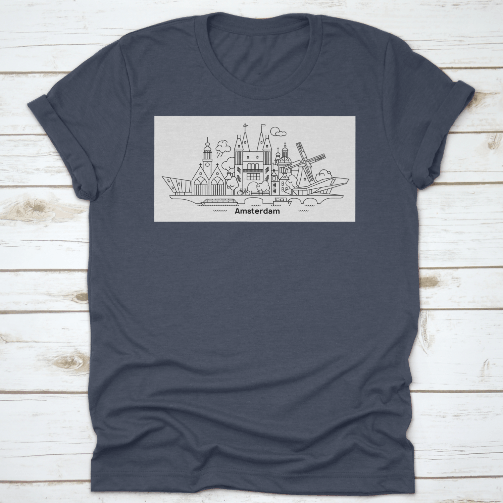 A stylish t-shirt featuring the minimal outline skyline of Amsterdam, showcasing its famous landmarks in a contemporary design.