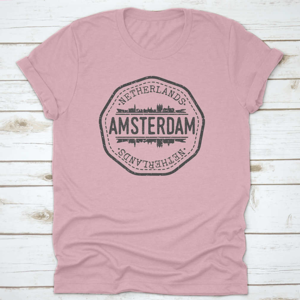 A stylish t-shirt featuring the silhouette of Amsterdam's skyline, showcasing iconic buildings and landmarks.