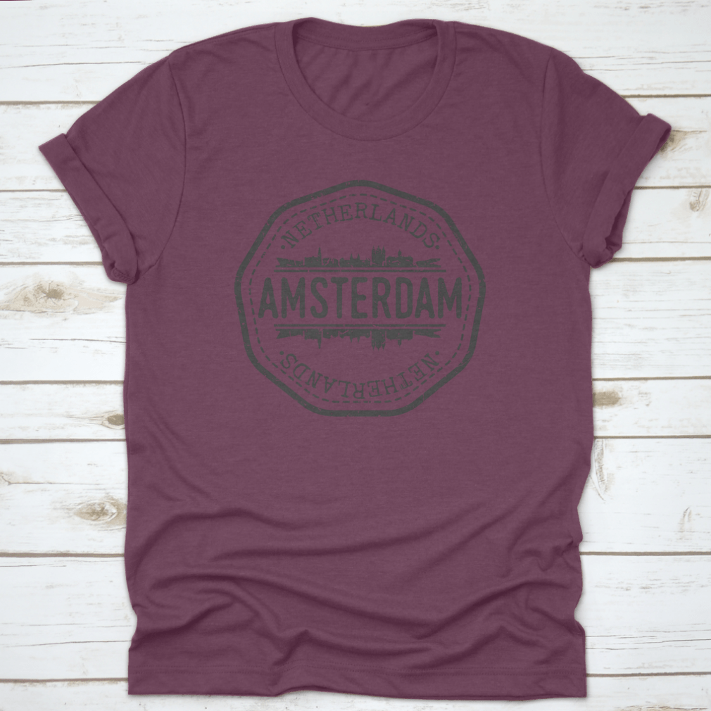 A stylish t-shirt featuring the silhouette of Amsterdam's skyline, showcasing iconic buildings and landmarks.