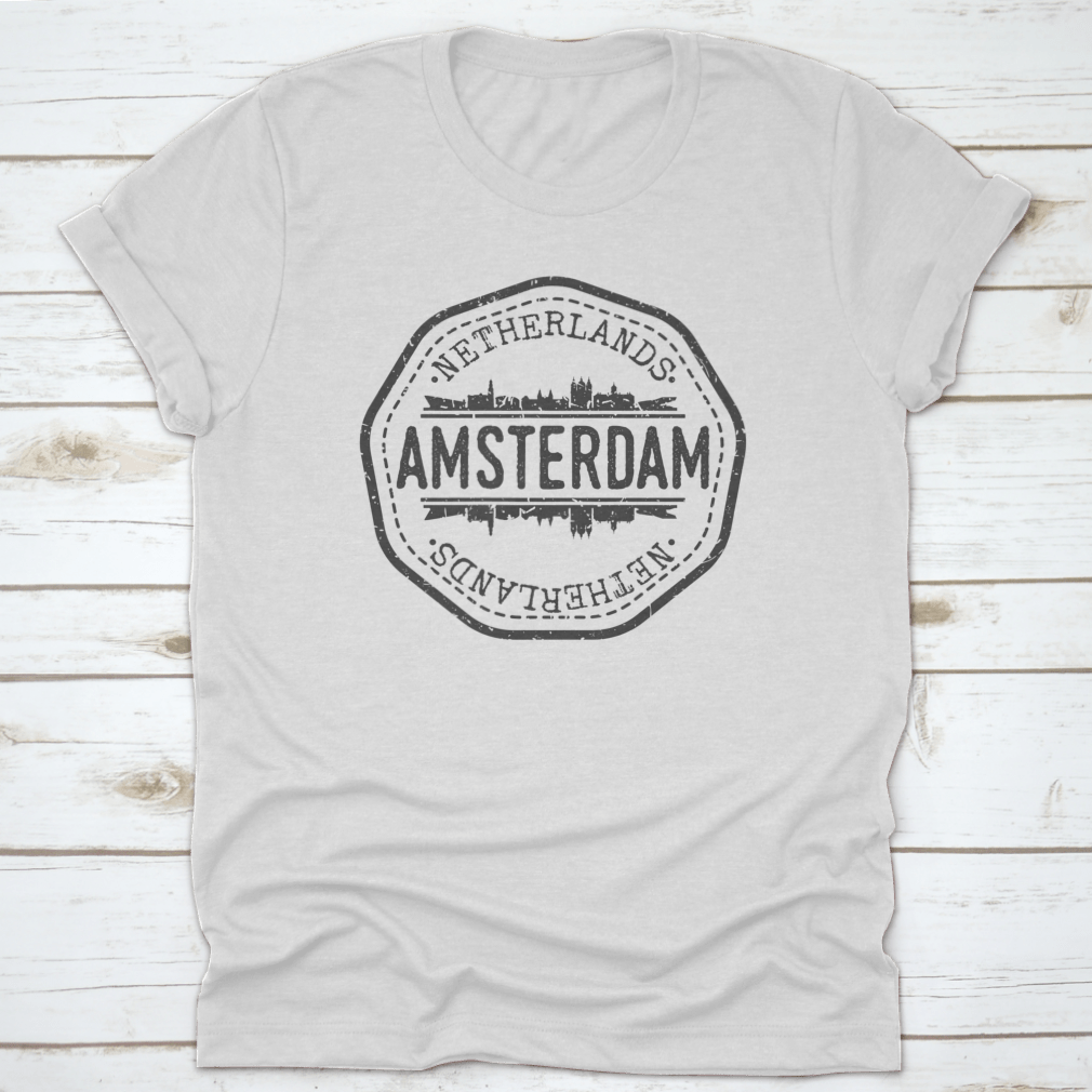 A stylish t-shirt featuring the silhouette of Amsterdam's skyline, showcasing iconic buildings and landmarks.