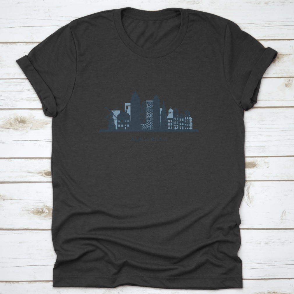 Monochrome silhouette vector illustration of the Amsterdam skyline featuring iconic buildings and structures.
