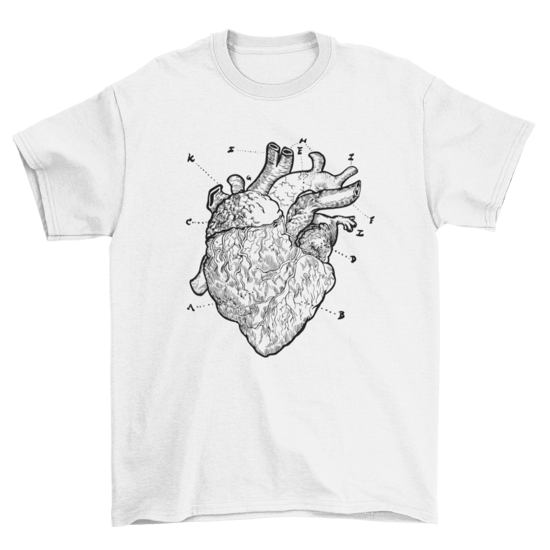 Anatomical heart drawing t-shirt featuring a realistic heart illustration on a soft cotton fabric.