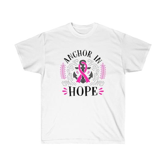 Anchor in Hope Breast Cancer Awareness shirt made from 100% cotton, featuring a classic fit and available in various colors.