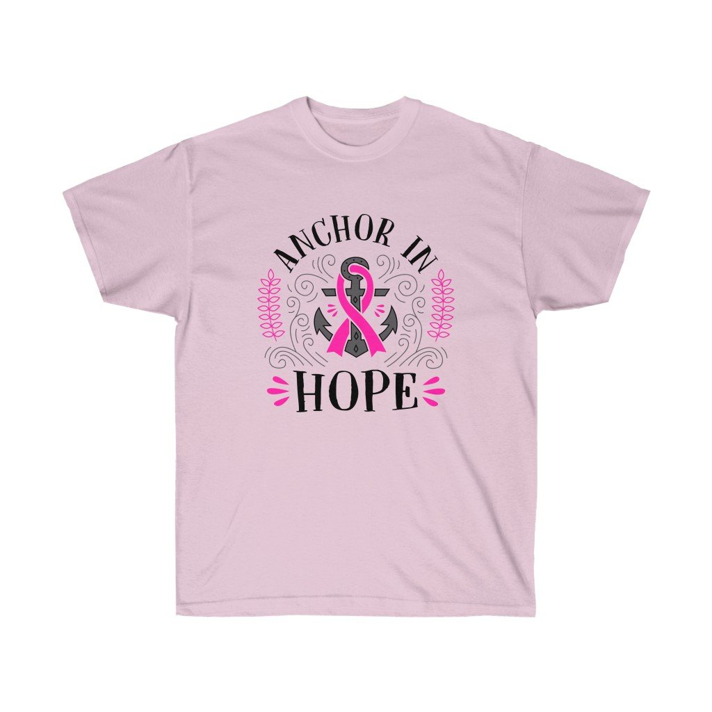 Anchor in Hope Breast Cancer Awareness T-Shirt featuring a unisex design, made from 100% soft cotton with a vibrant vinyl print.