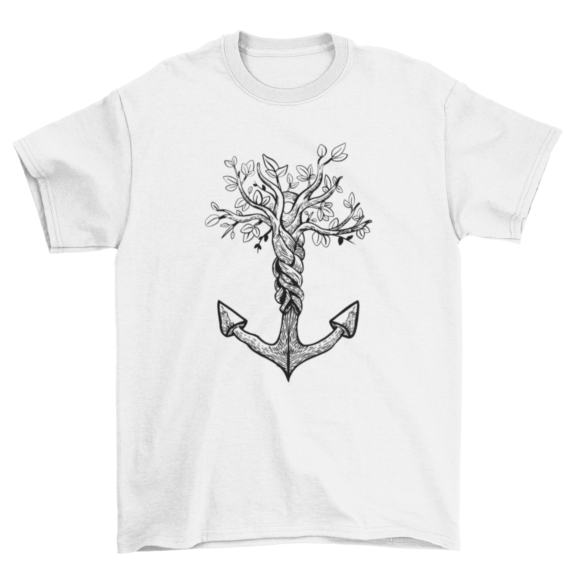 Anchor Tree T-Shirt featuring a hand-drawn design of an anchor intertwined with a tree, showcasing a blend of nature and nautical themes.