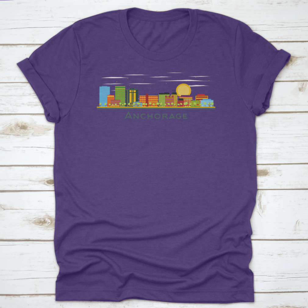 Anchorage Alaska city skyline T-shirt featuring colorful buildings on a white background, showcasing a vibrant design.
