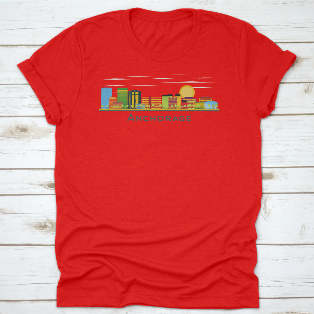 Anchorage Alaska city skyline T-shirt featuring colorful buildings on a white background, showcasing a vibrant design.