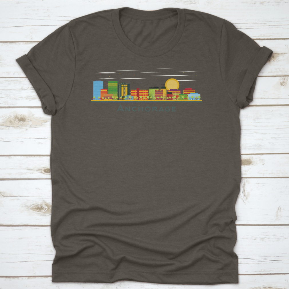 Anchorage Alaska city skyline T-shirt featuring colorful buildings on a white background, showcasing a vibrant design.