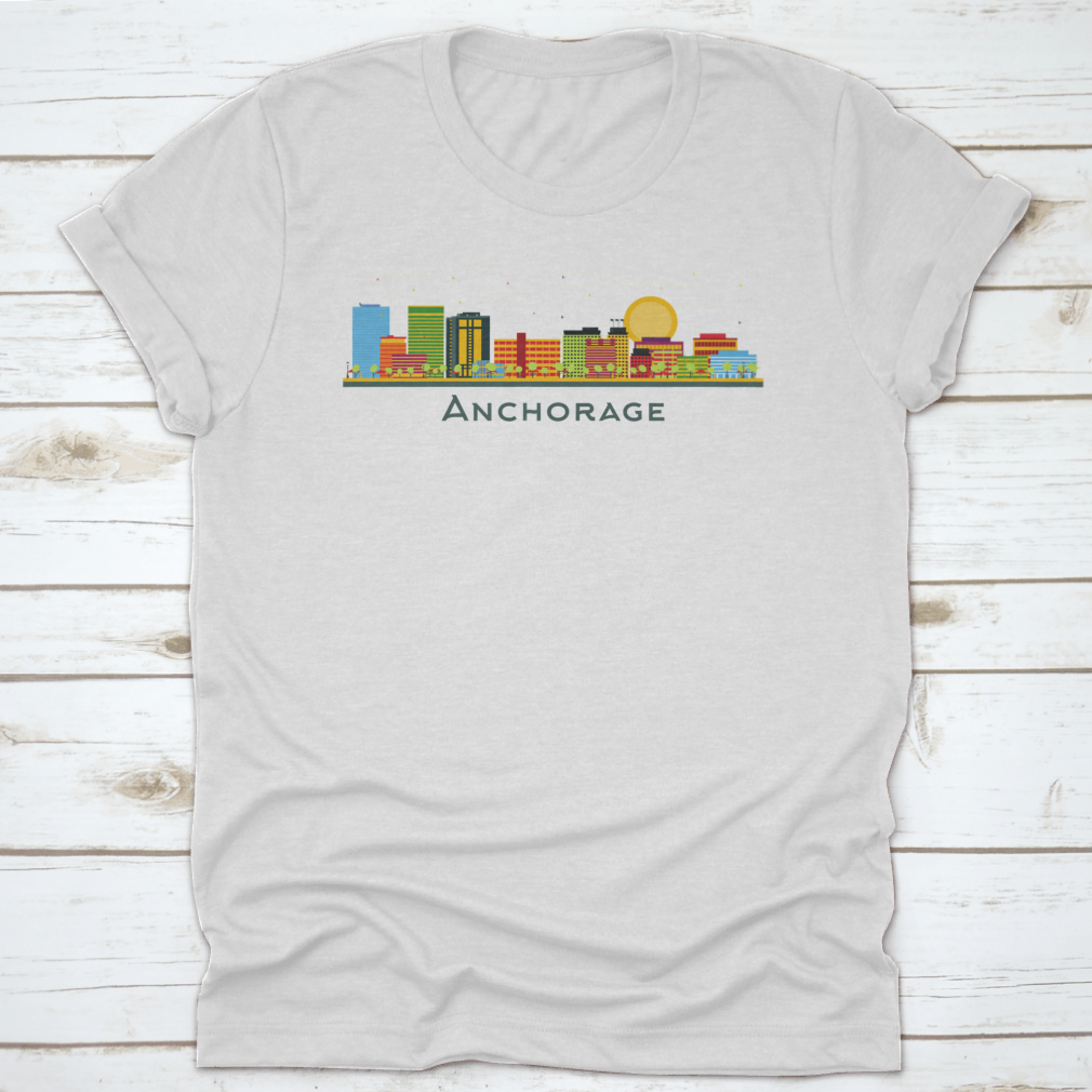 Anchorage Alaska city skyline T-shirt featuring colorful buildings on a white background, showcasing a vibrant design.