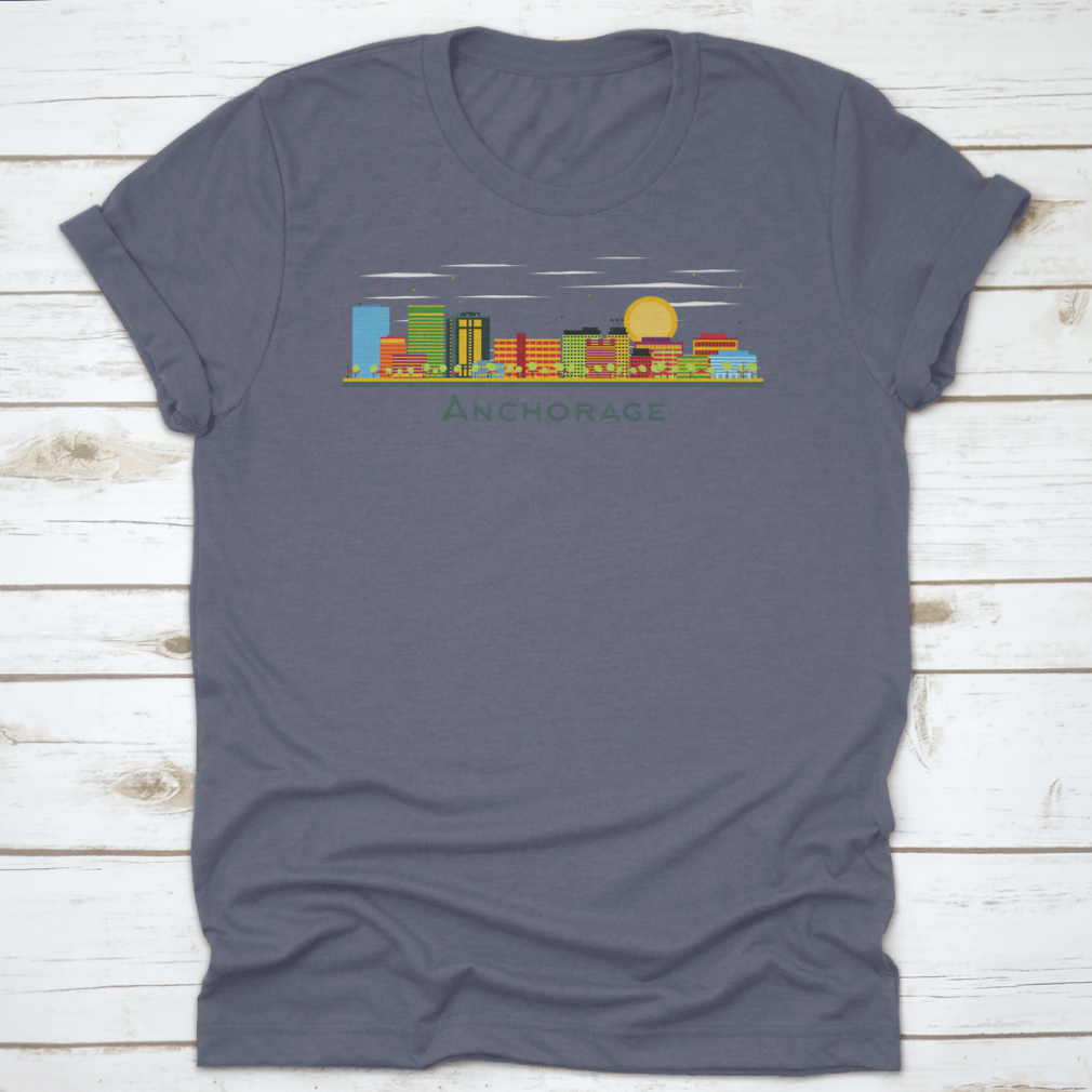 Anchorage Alaska city skyline T-shirt featuring colorful buildings on a white background, showcasing a vibrant design.