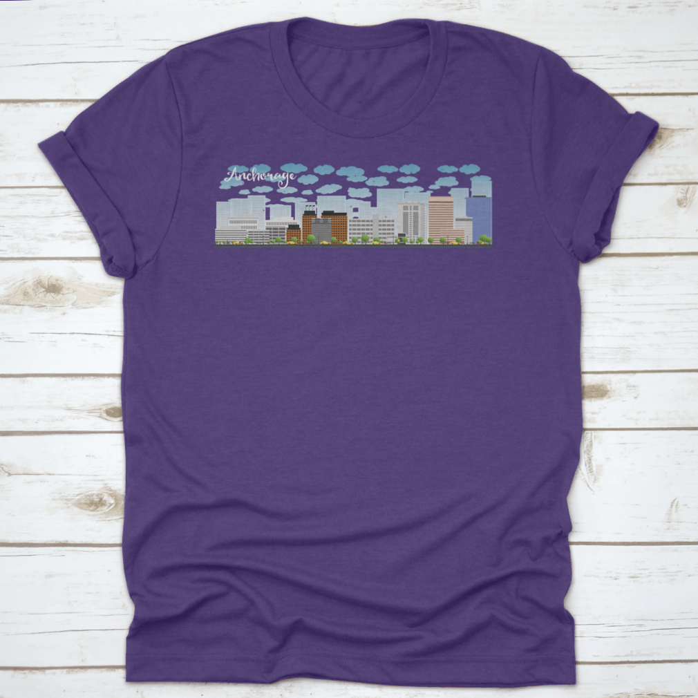 Vector graphic of Anchorage Alaska skyline featuring grey buildings against a clear blue sky.