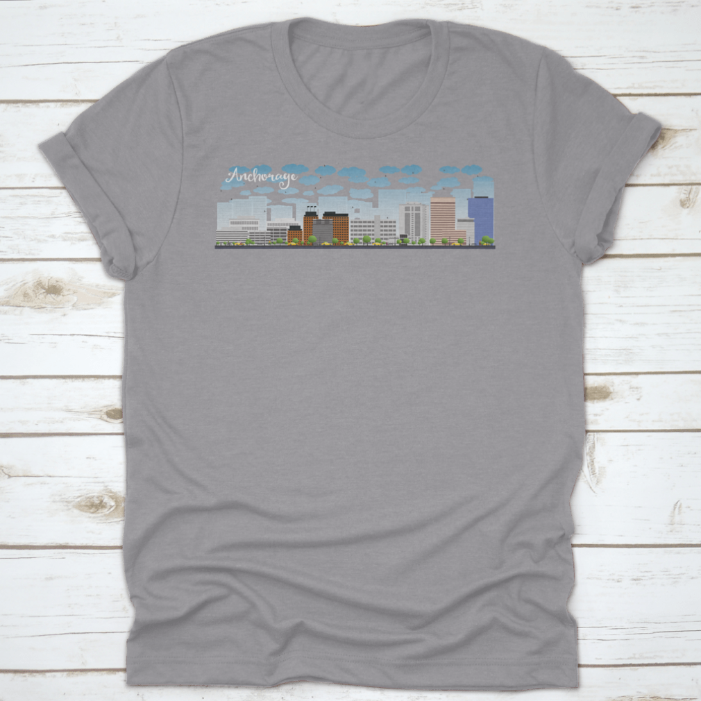 Vector graphic of Anchorage Alaska skyline featuring grey buildings against a clear blue sky.