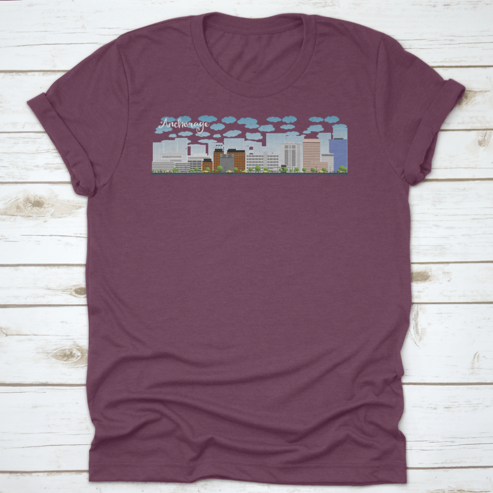 Vector graphic of Anchorage Alaska skyline featuring grey buildings against a clear blue sky.