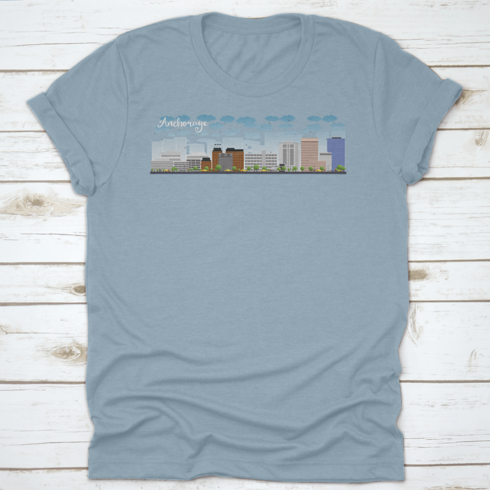 Vector graphic of Anchorage Alaska skyline featuring grey buildings against a clear blue sky.