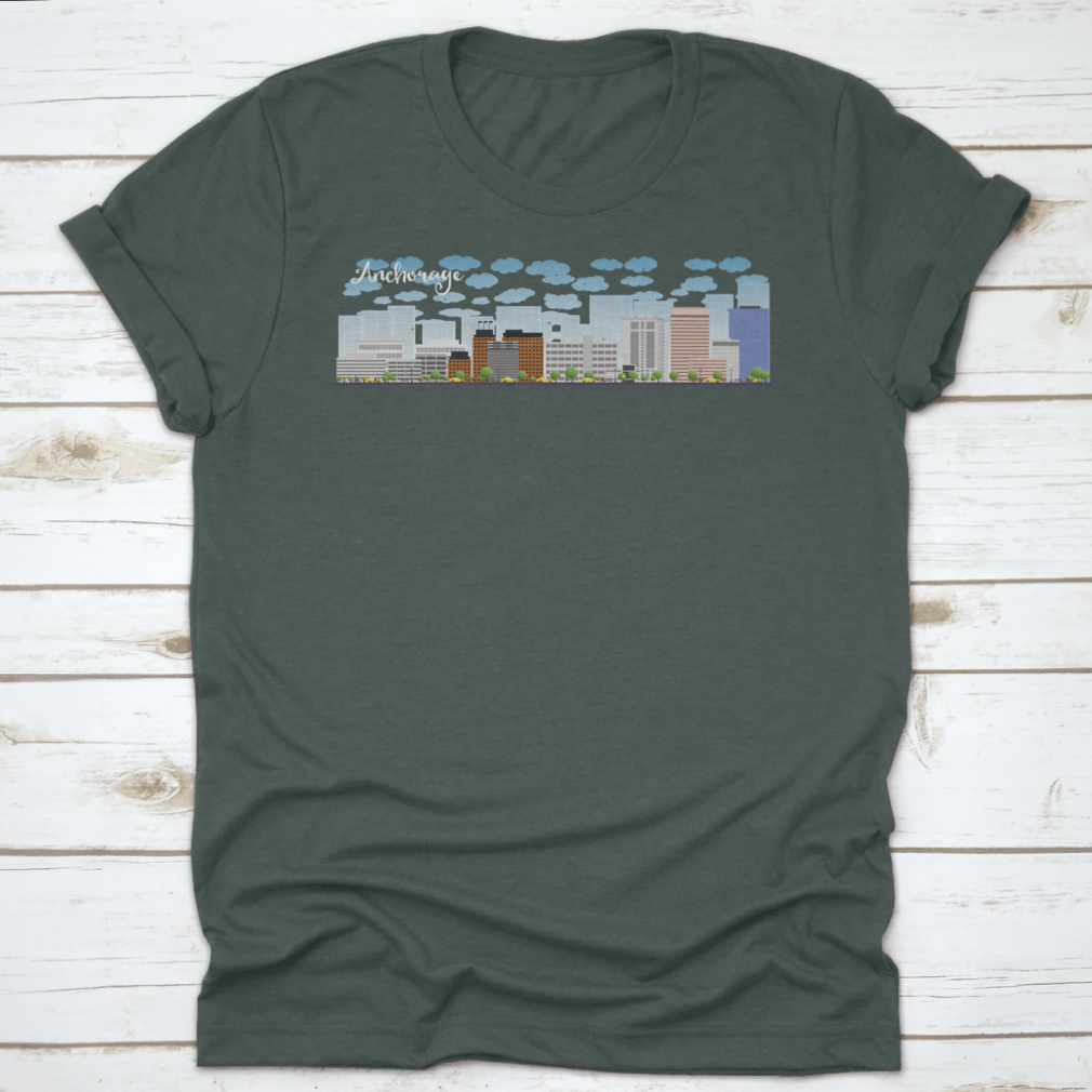Vector graphic of Anchorage Alaska skyline featuring grey buildings against a clear blue sky.