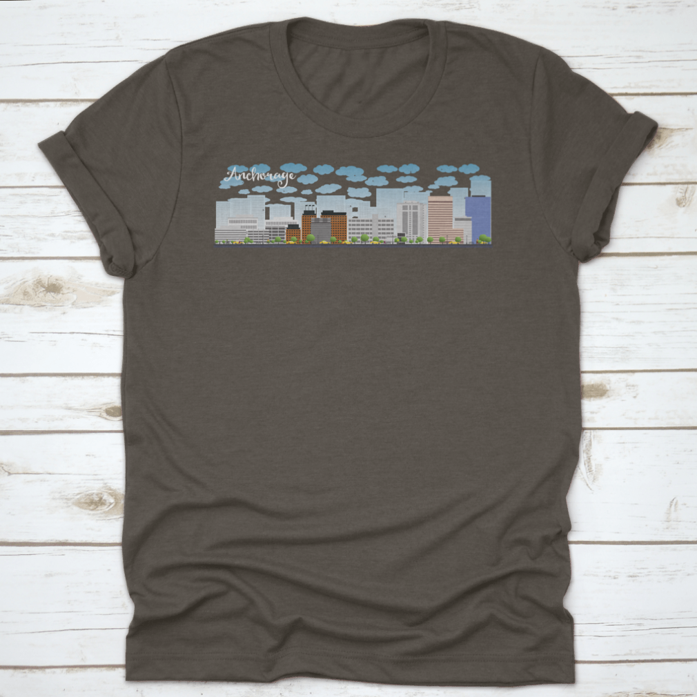 Vector graphic of Anchorage Alaska skyline featuring grey buildings against a clear blue sky.