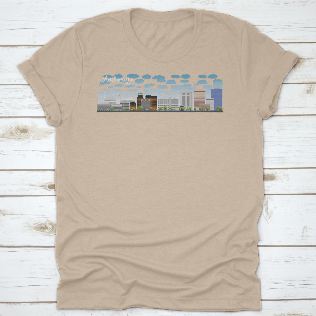 Vector graphic of Anchorage Alaska skyline featuring grey buildings against a clear blue sky.