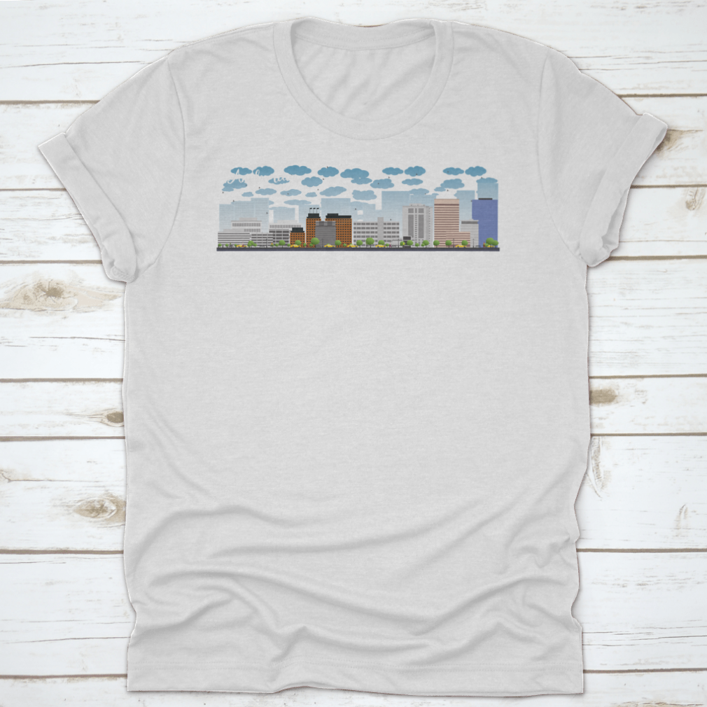 Vector graphic of Anchorage Alaska skyline featuring grey buildings against a clear blue sky.
