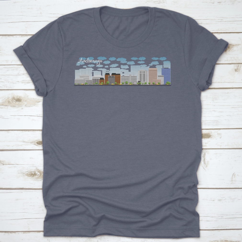 Vector graphic of Anchorage Alaska skyline featuring grey buildings against a clear blue sky.