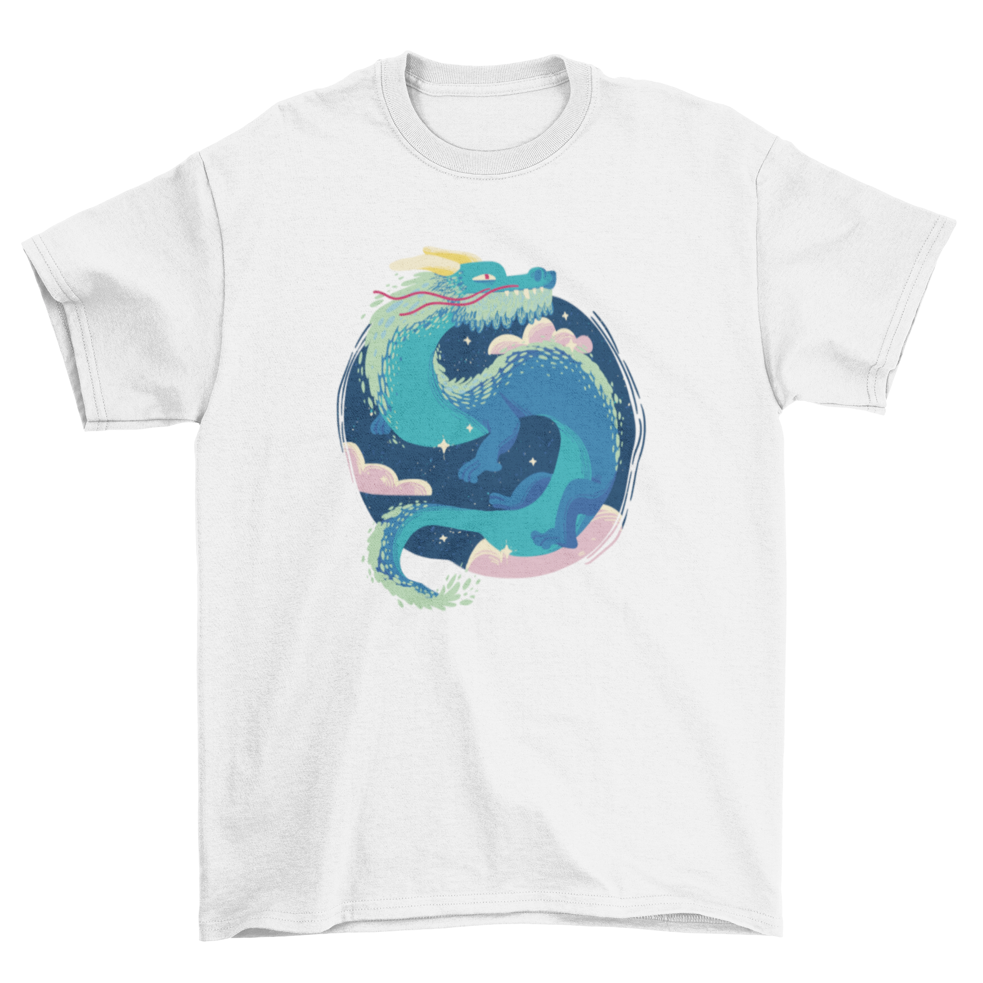 A magical t-shirt featuring an ancient oriental dragon flying through a vibrant sky, showcasing intricate details and colors.