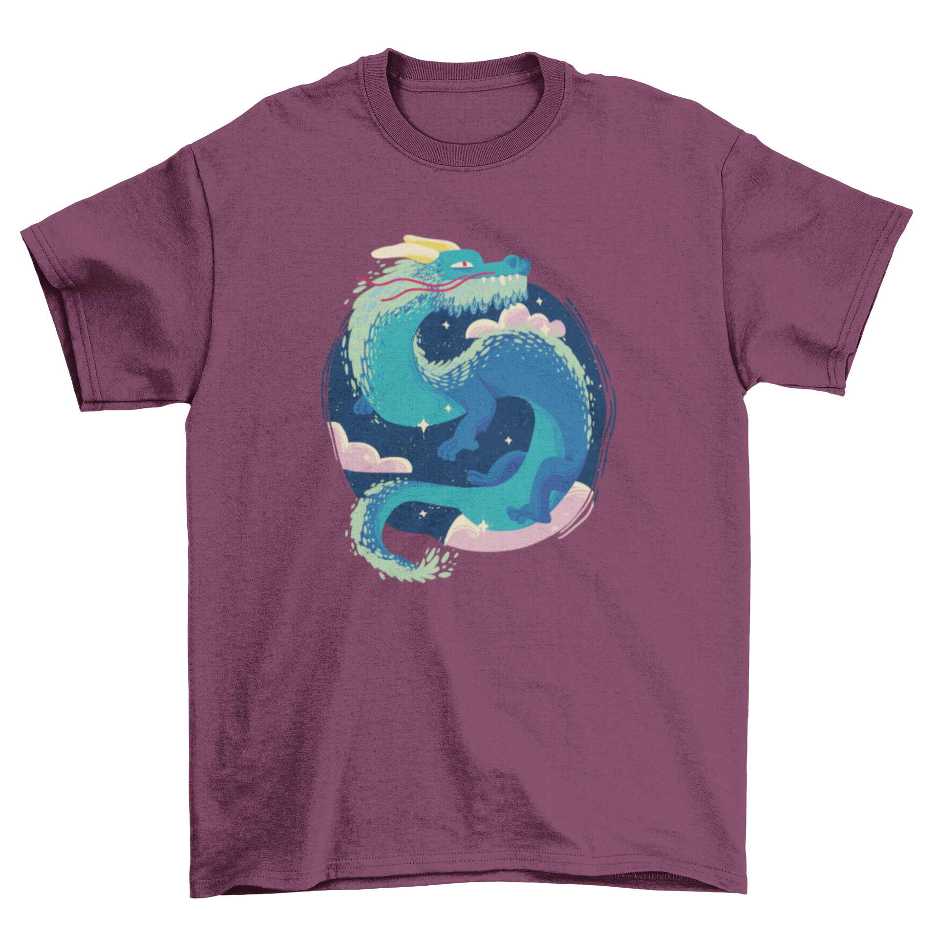 A magical t-shirt featuring an ancient oriental dragon flying through a vibrant sky, showcasing intricate details and colors.