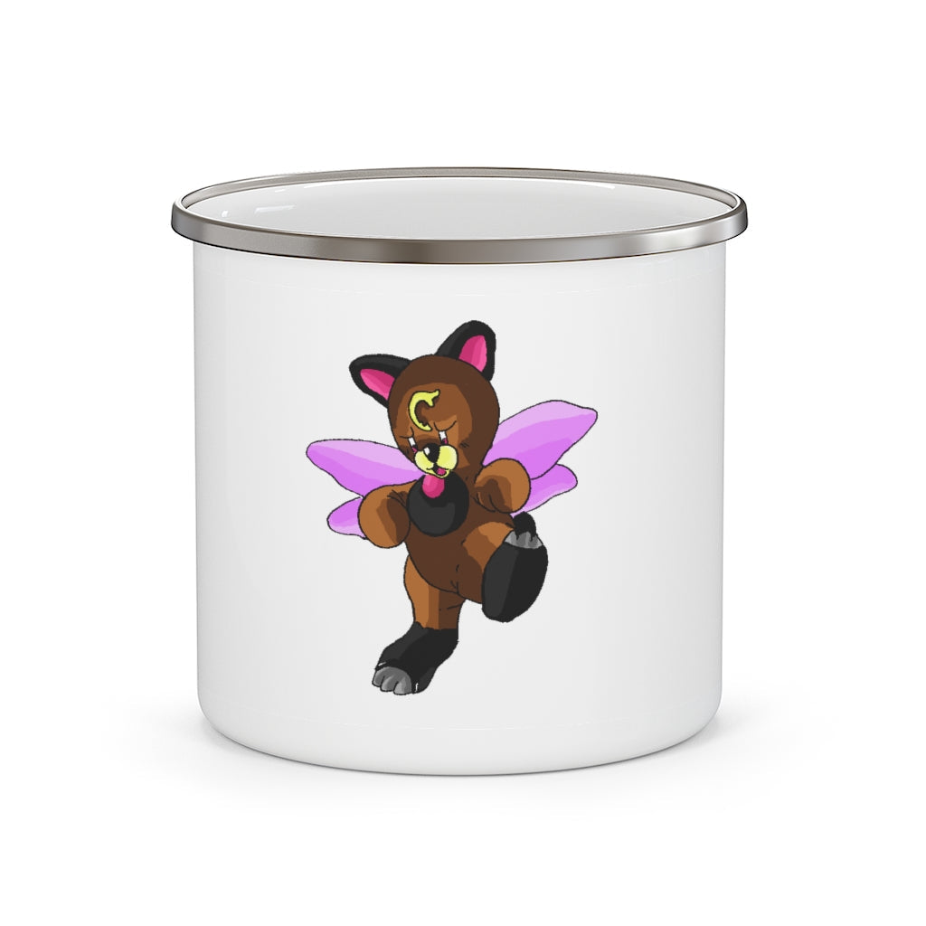 Angebear Enamel Camping Mug in a natural outdoor setting, showcasing its durable design and customizable print.