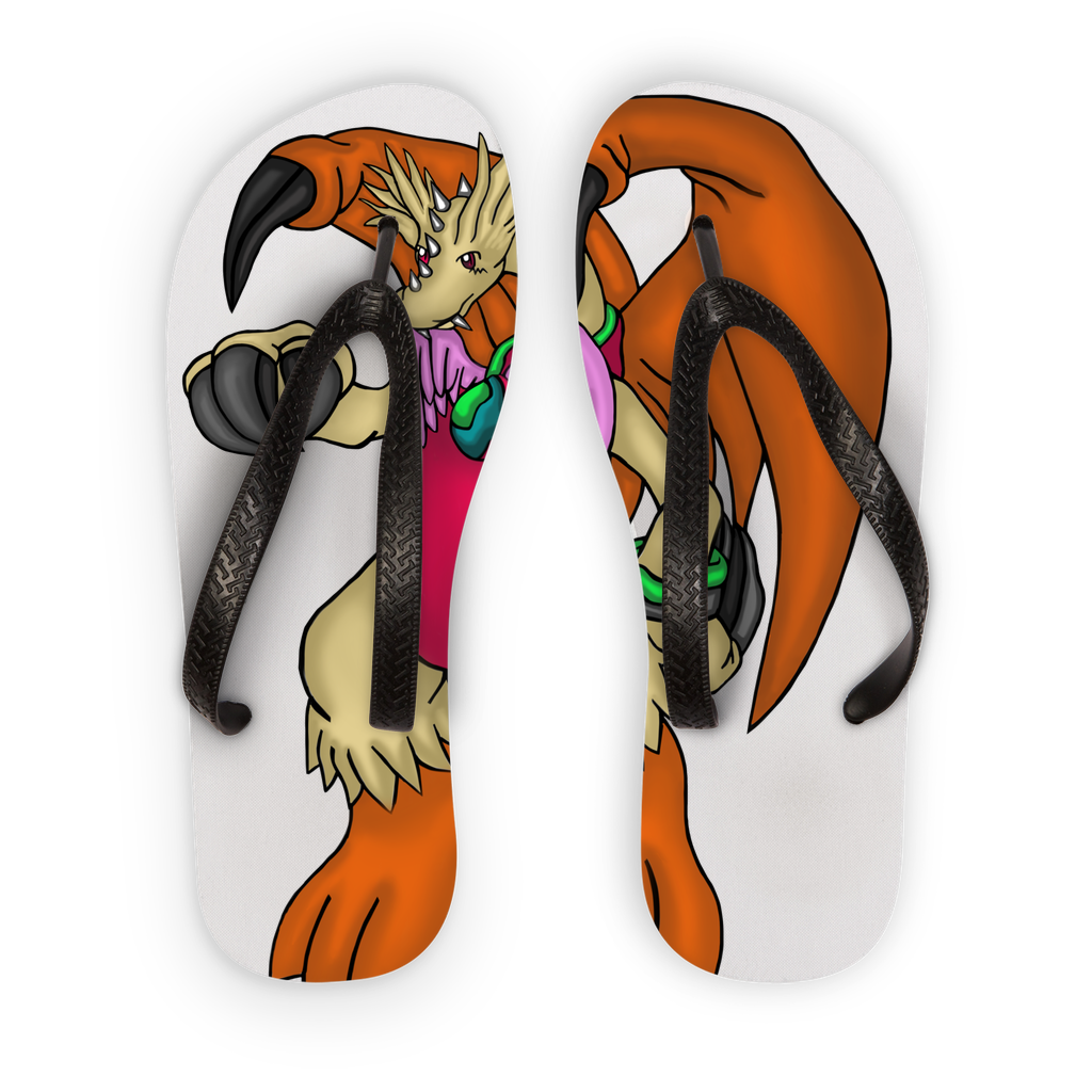 Angehardragon Adult Flip Flops with customizable printed fabric and black or orange straps, perfect for poolside wear.