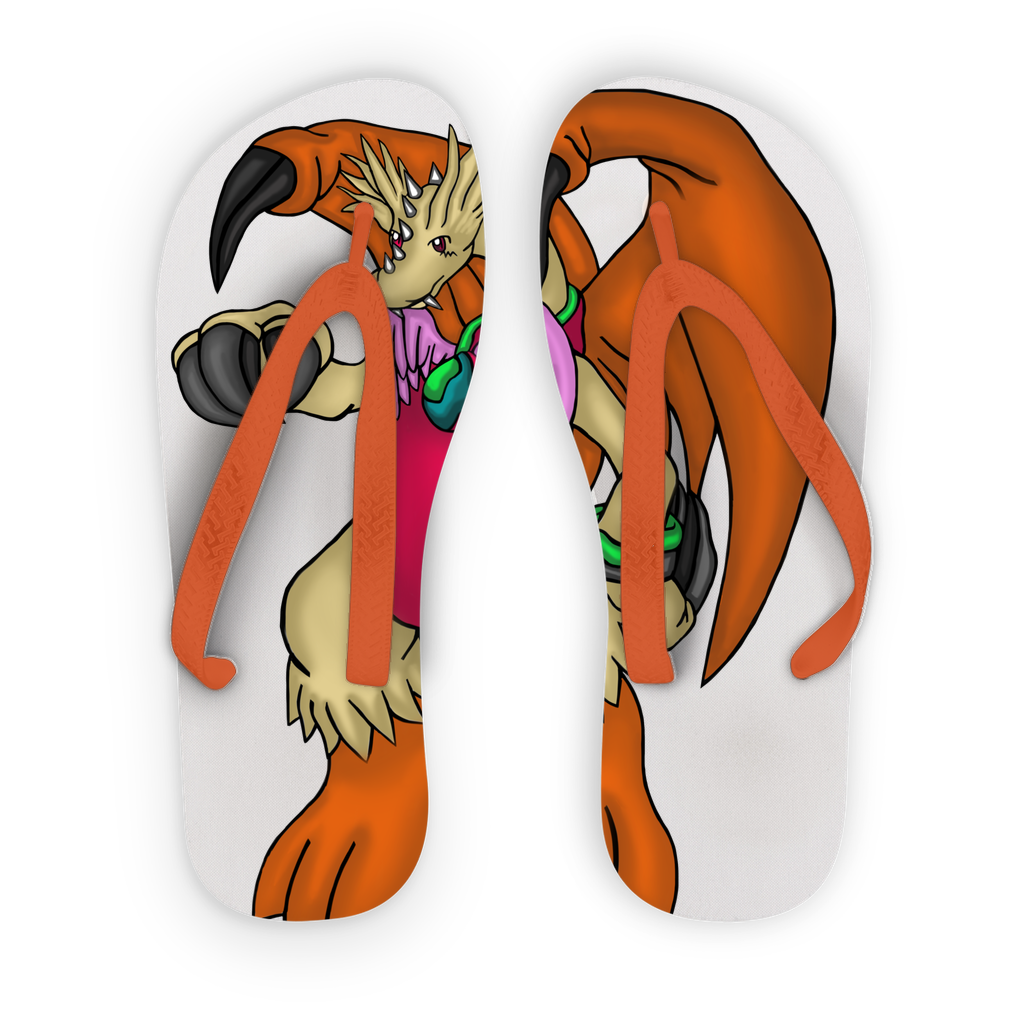 Angehardragon Adult Flip Flops with customizable printed fabric and black or orange straps, perfect for poolside wear.