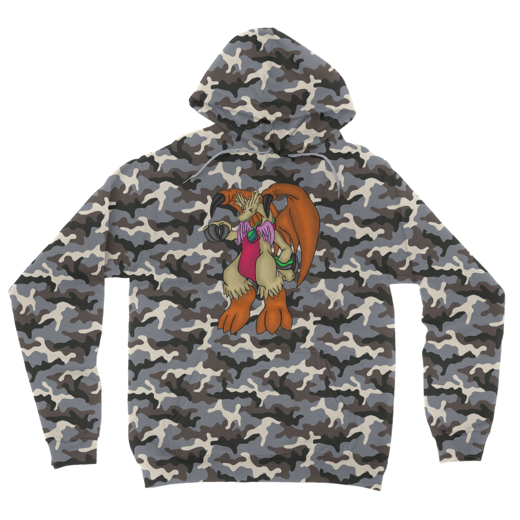 Angechardragon Camouflage Adult Hoodie featuring a stylish all-over camo print, double fabric hood, and kangaroo pouch pocket.