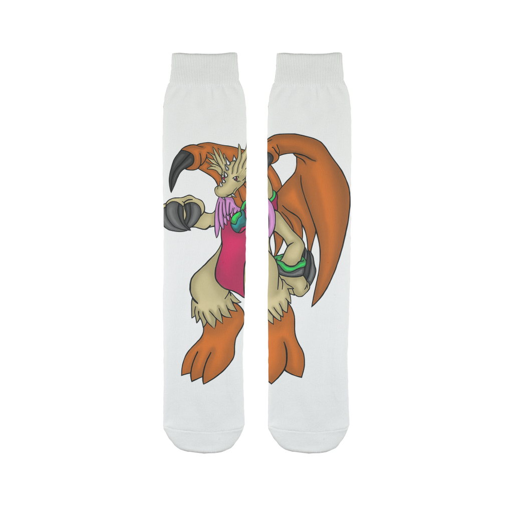 Angechardragon Sublimation Tube Socks featuring vibrant designs and soft polyester material, displayed on a white background.
