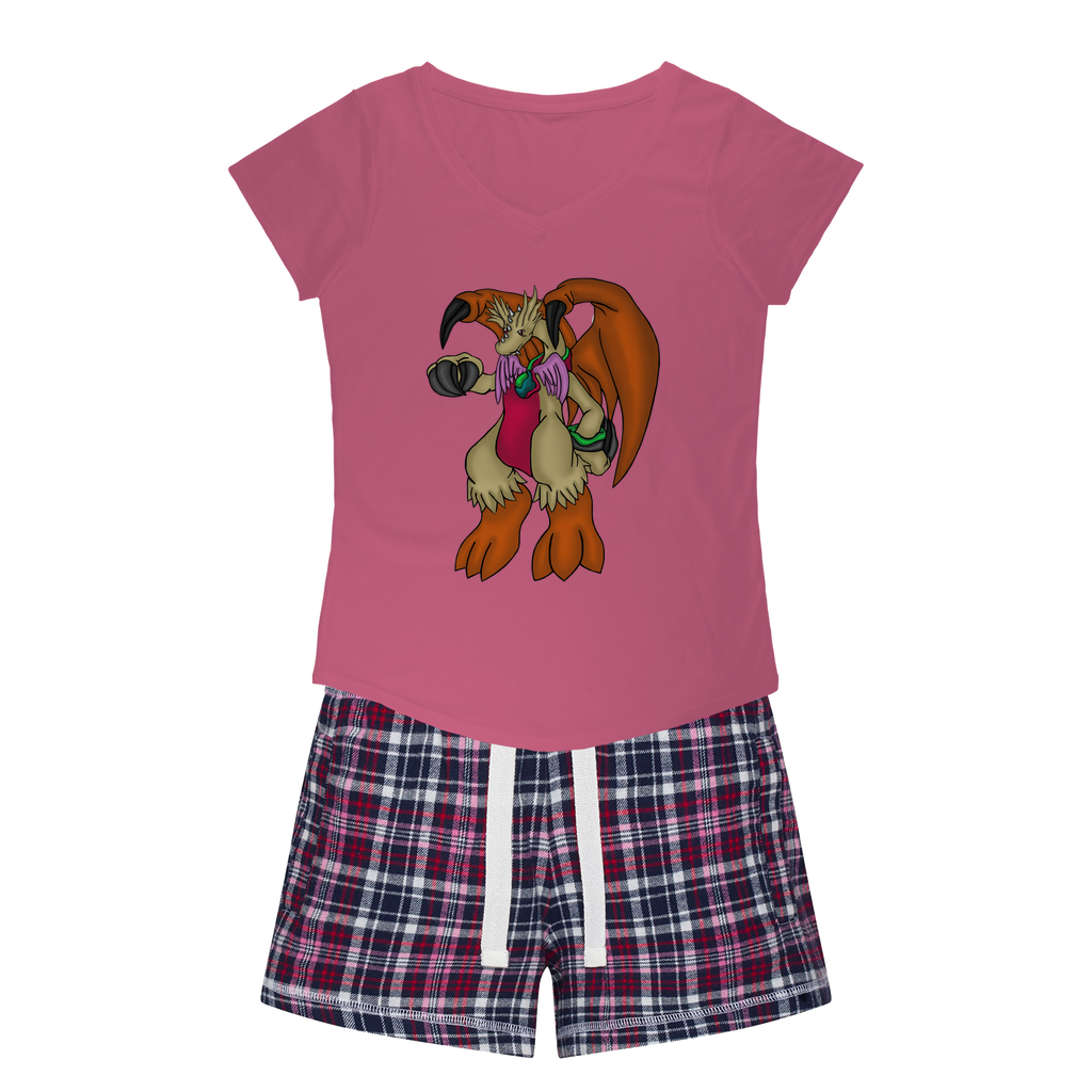Angechardragon Women's Sleepy Tee and Flannel Short set featuring a relaxed fit T-shirt and vibrant flannel shorts, perfect for cozy nights.
