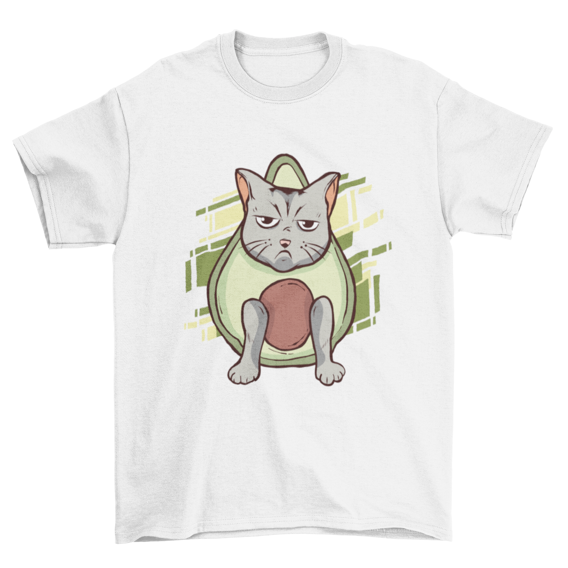 A cute t-shirt featuring an angry gray cat combined with a green avocado on a geometric green background.