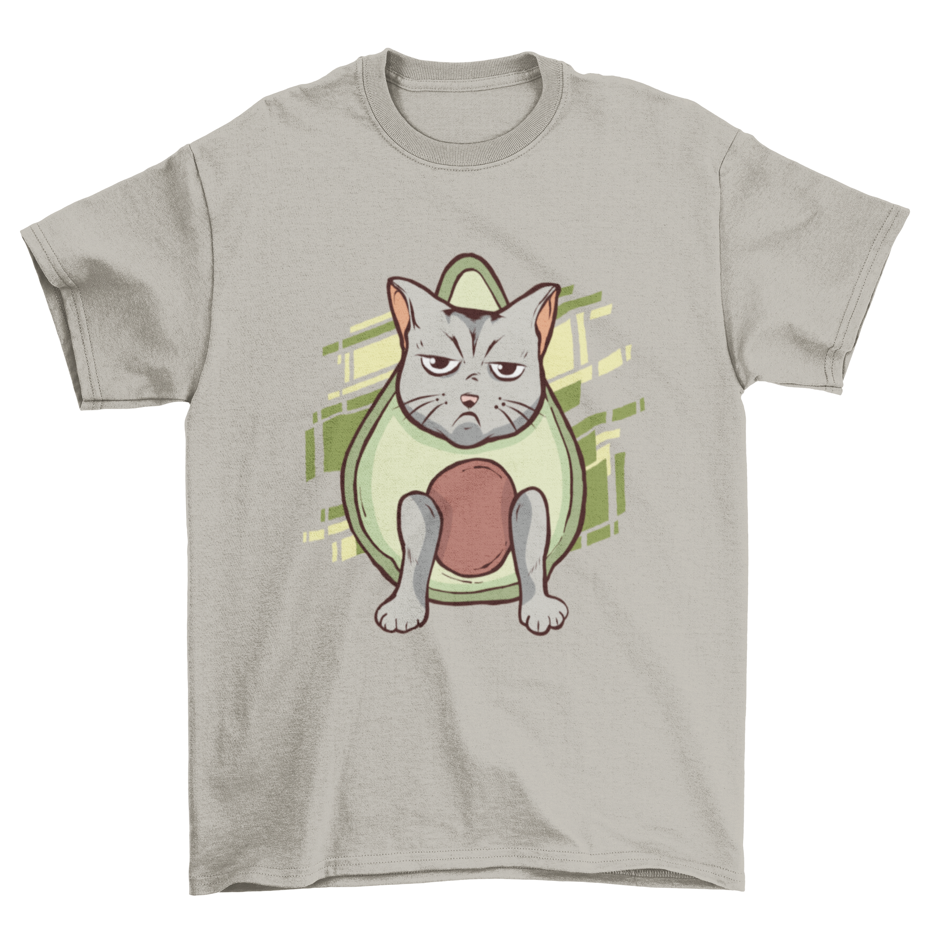 A cute t-shirt featuring an angry gray cat combined with a green avocado on a geometric green background.