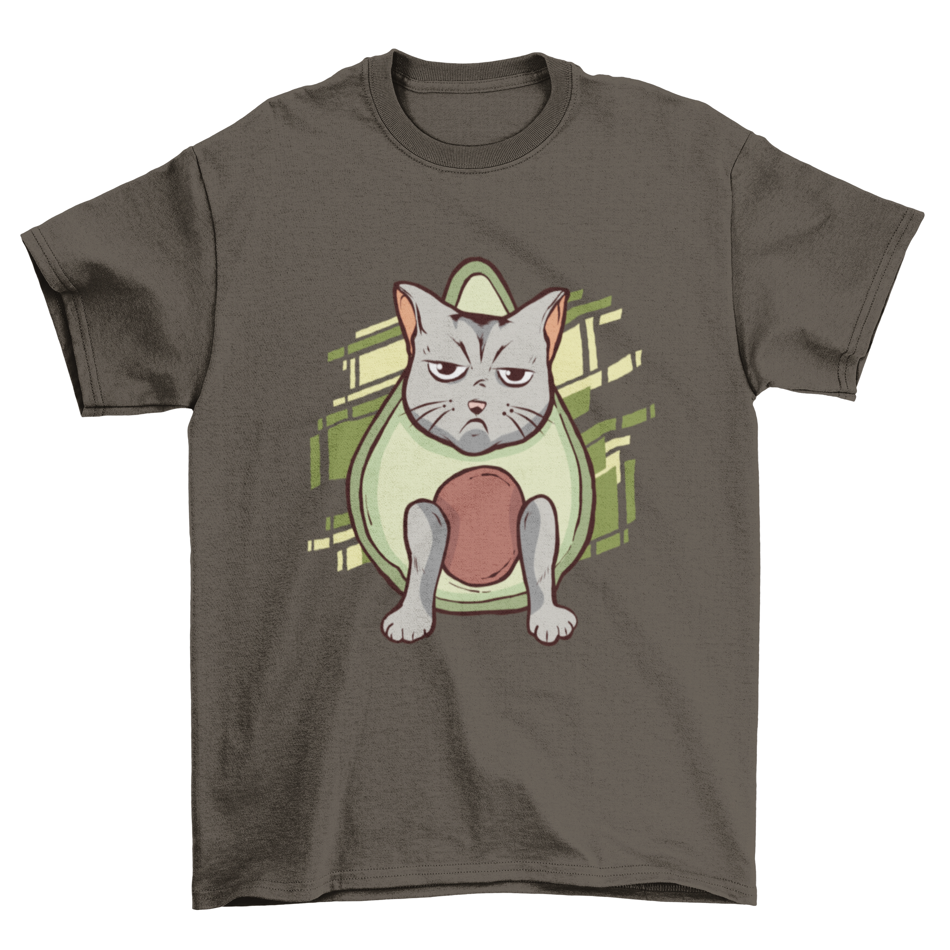 A cute t-shirt featuring an angry gray cat combined with a green avocado on a geometric green background.