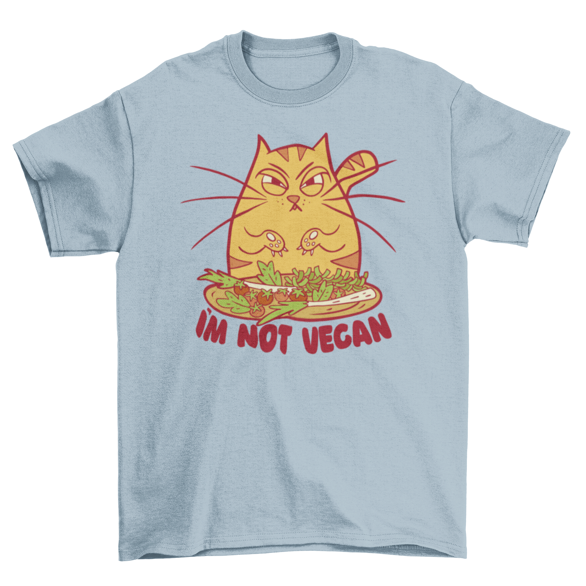 A humorous t-shirt featuring an angry cartoon cat in front of a plate of vegetables with the quote 'I'm not vegan'.