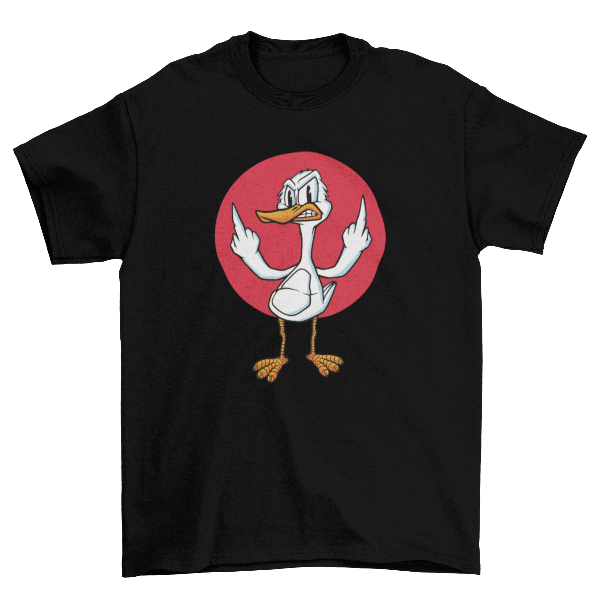 A vibrant t-shirt featuring an angry cartoon duck design, showcasing a playful and humorous style.