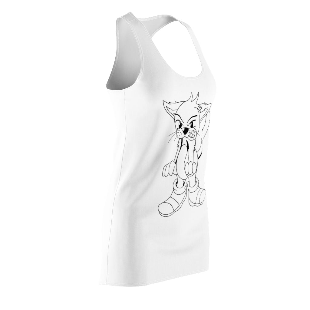 A stylish women's racerback dress featuring an angry cat design, made from lightweight polyester fabric.