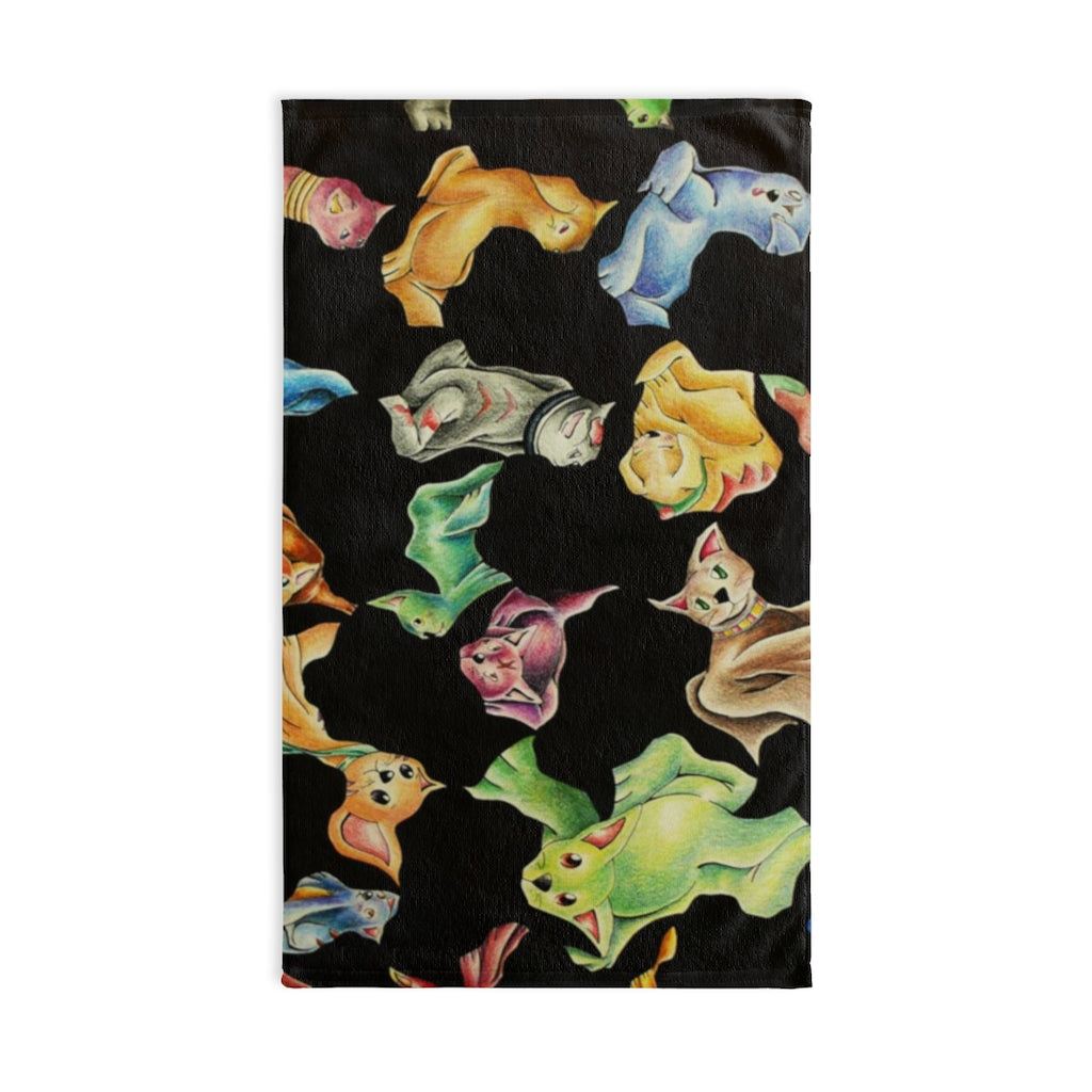 Angry Cat Hand Towel featuring a vibrant angry cat print on a polyester front with a soft cotton back, ideal for bathroom decor.