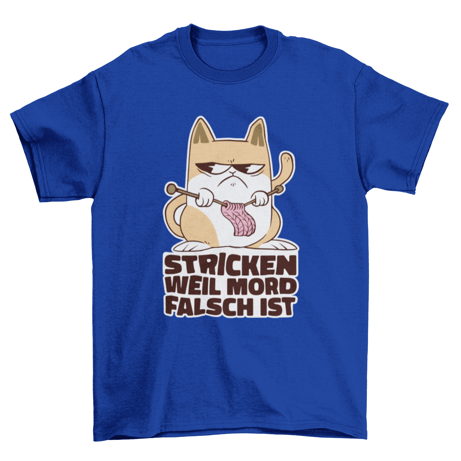A humorous t-shirt featuring an angry cartoon cat knitting with the quote 'Knitting because murder is wrong' in German.